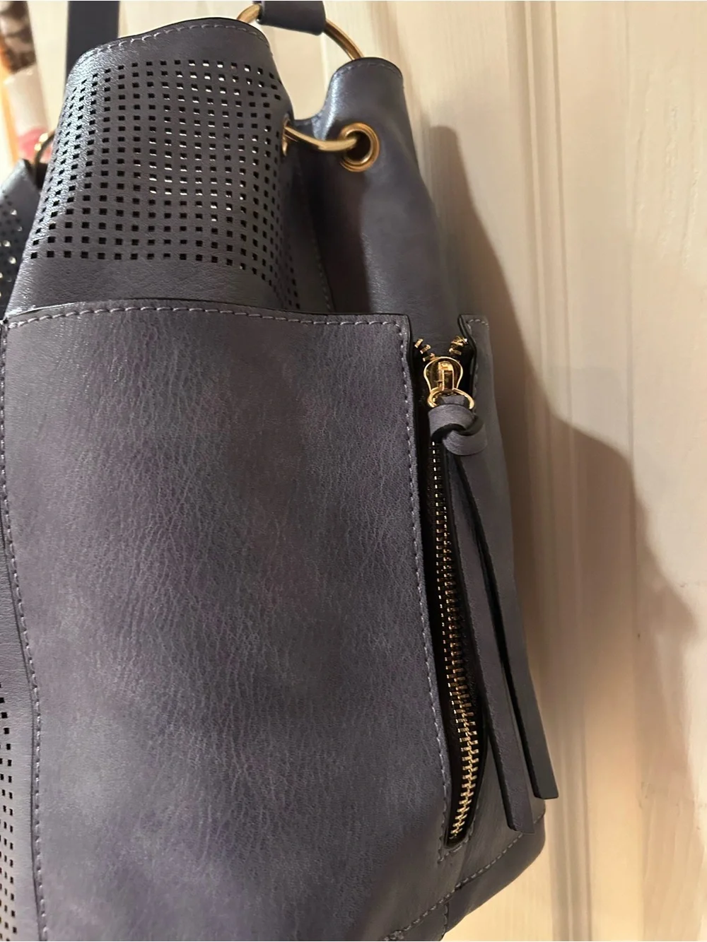 Le Miel Vegan Perforated Leather Hobo Top Handle Tote 11” deep Ocean Blue